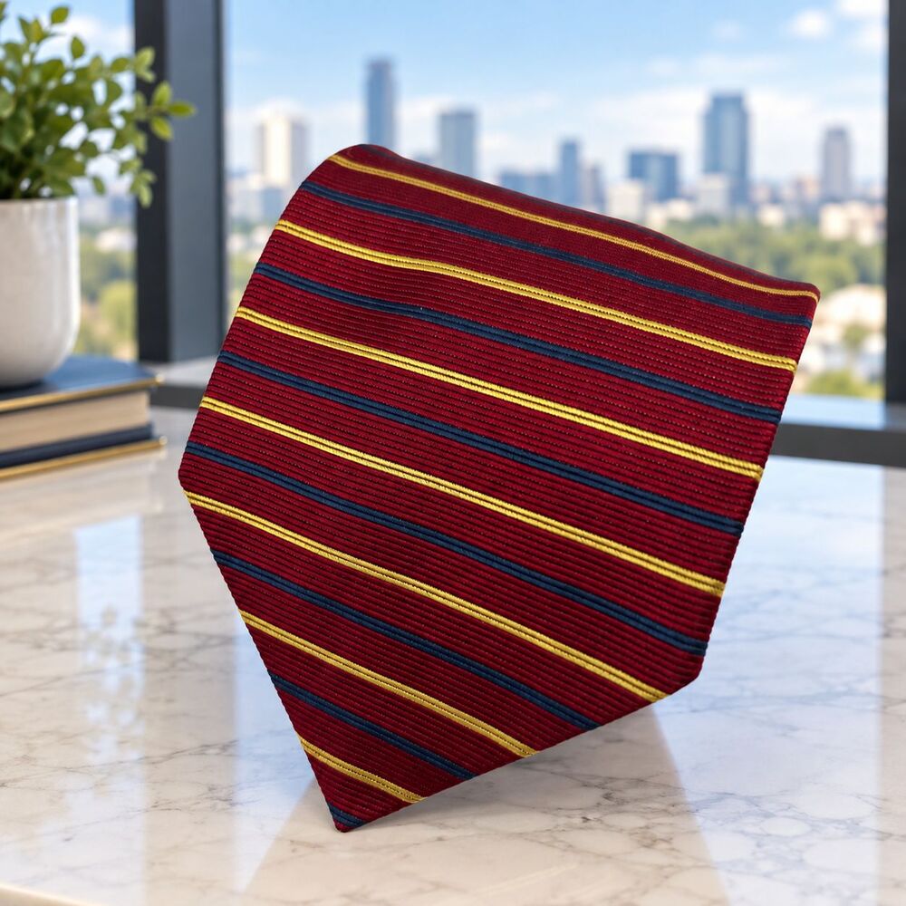 Brooks Brothers Makers Tie All Silk Red Navy Gold Stripe USA Made 57.5" x 3.75"